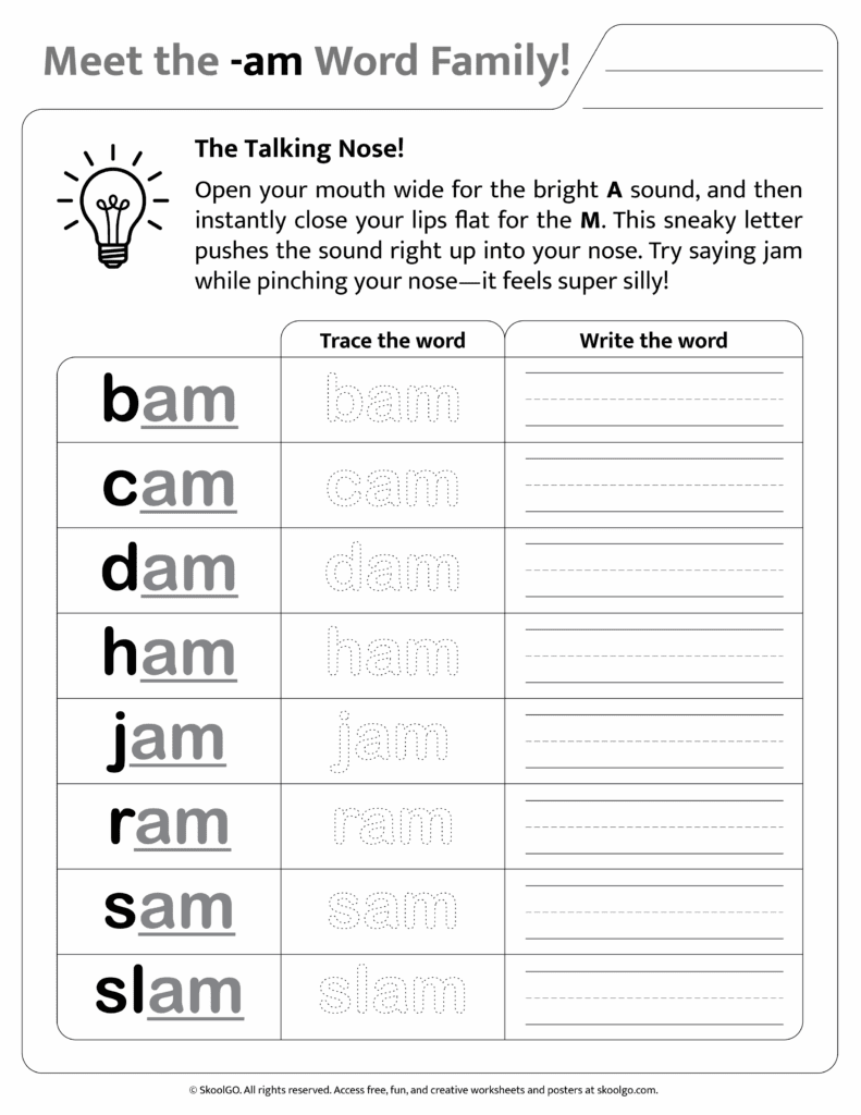 Black and white printable version of [am] phonics worksheet