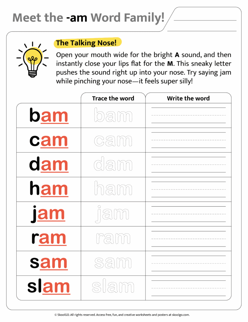 Color version of [am] word family worksheet for engaging phonics learning