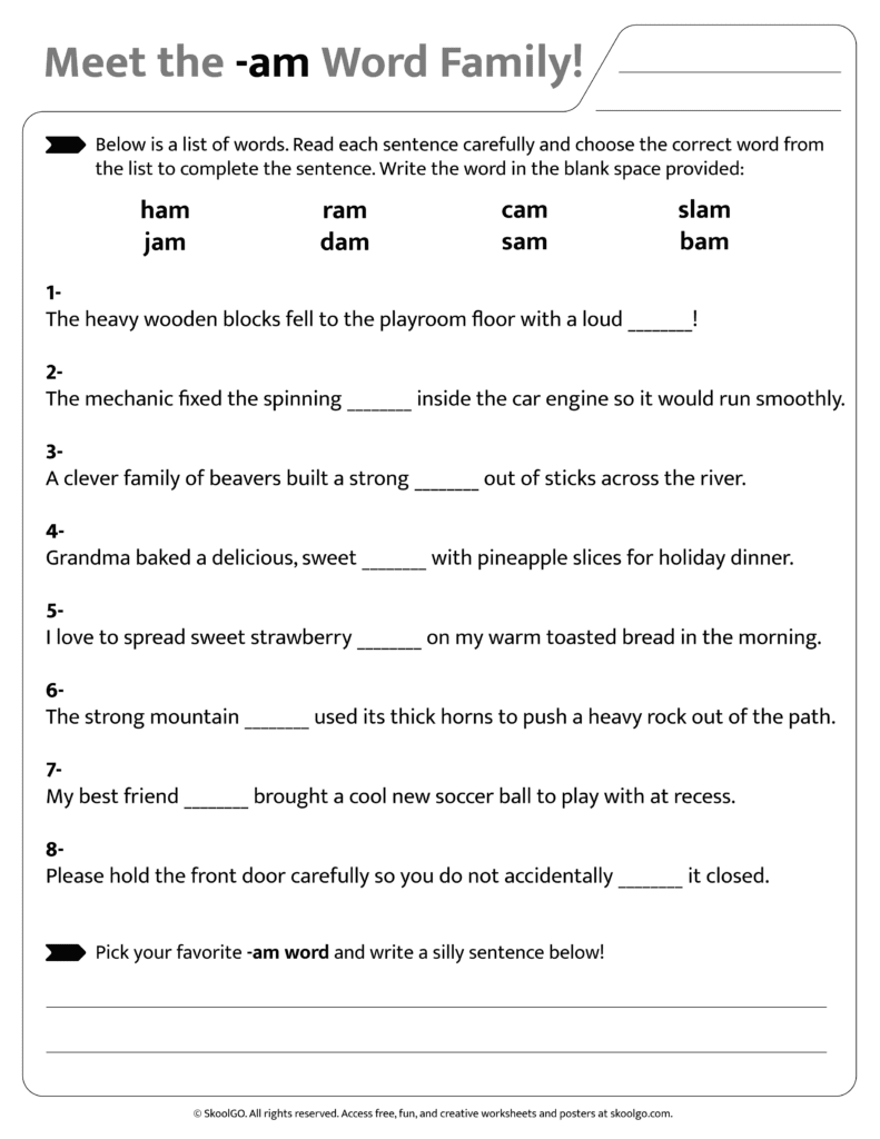 Sentence and word practice activities for [am] word family worksheet