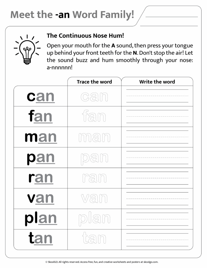Black and white printable version of [an] phonics worksheet