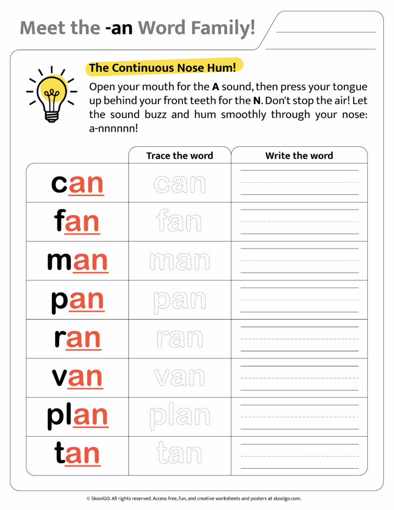 Color version of [an] word family worksheet for engaging phonics learning