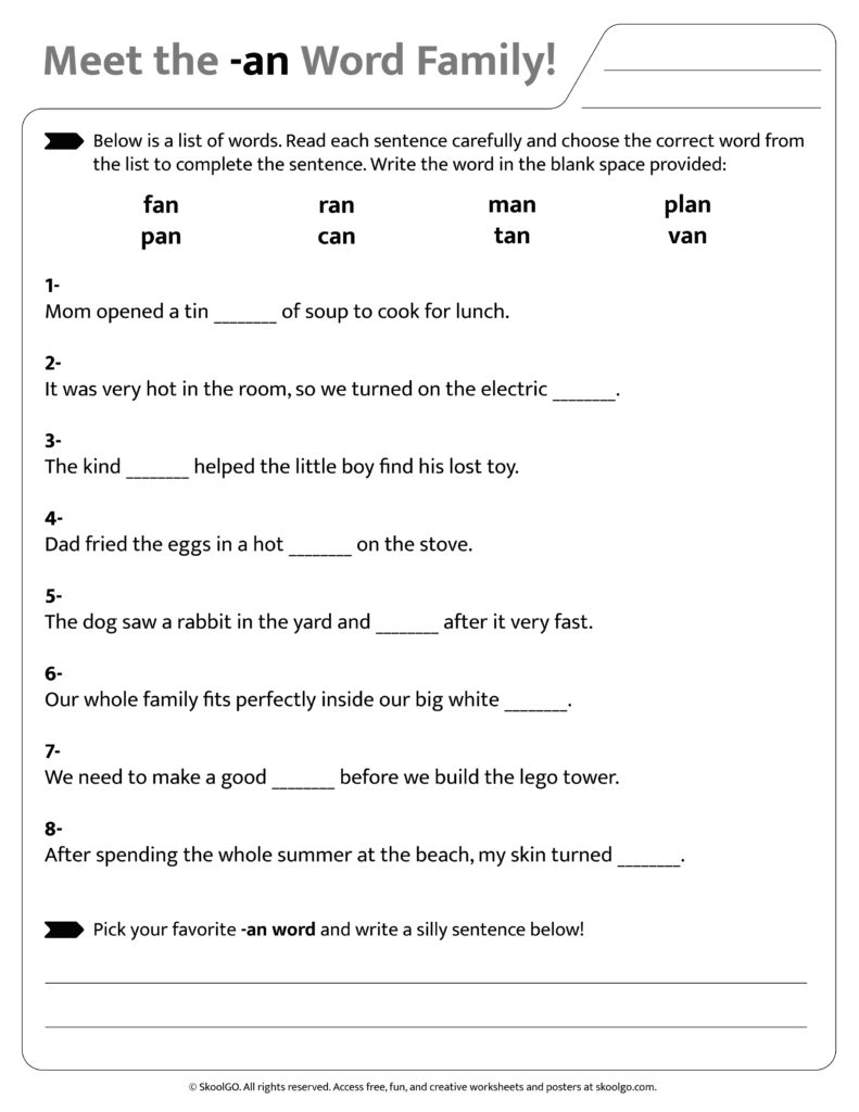 Sentence and word practice activities for [an] word family worksheet