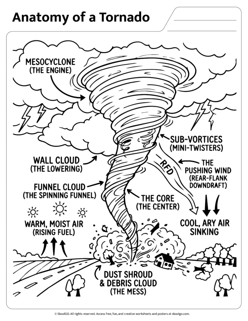 Anatomy of a Tornado Black and White Diagram Black and white anatomy of a tornado worksheet with labeled weather features