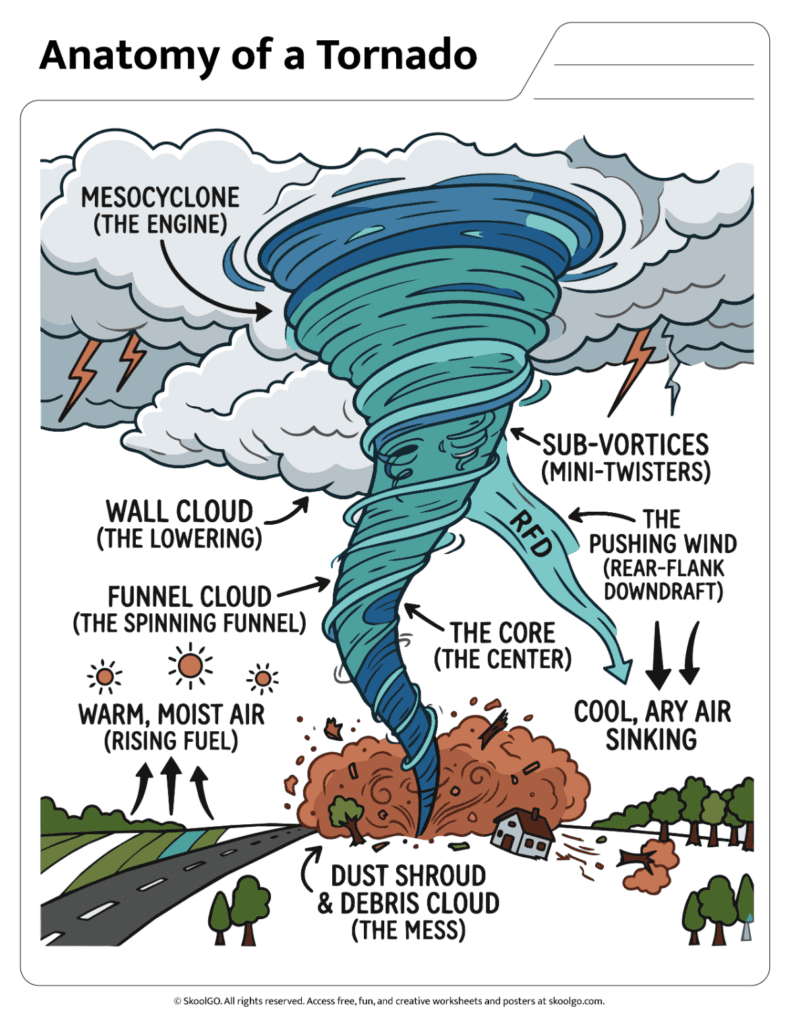 Anatomy of a Tornado Color Reference Diagram Color anatomy of a tornado worksheet showing labeled tornado parts