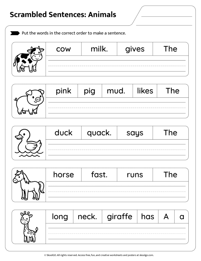Animals Scrambled Sentences Worksheet Page 1 Students unscramble animal-themed sentences featuring cow pig duck horse and giraffe