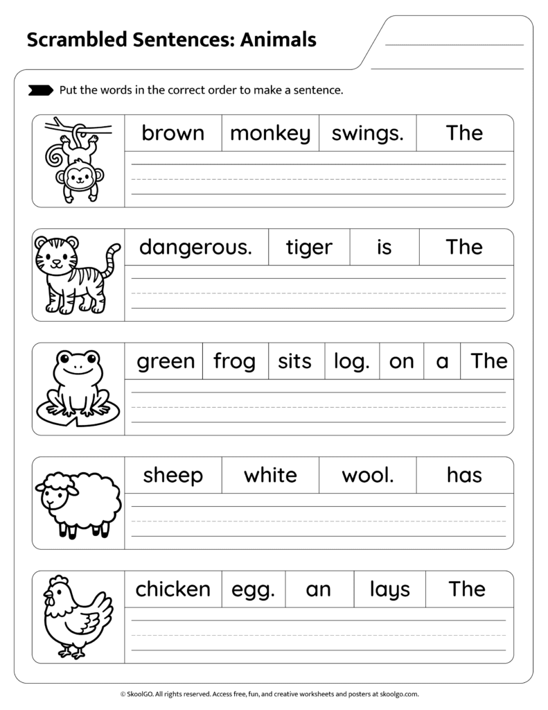 Animals Scrambled Sentences Worksheet Page 2 Students unscramble animal-themed sentences featuring monkey tiger frog sheep and chicken