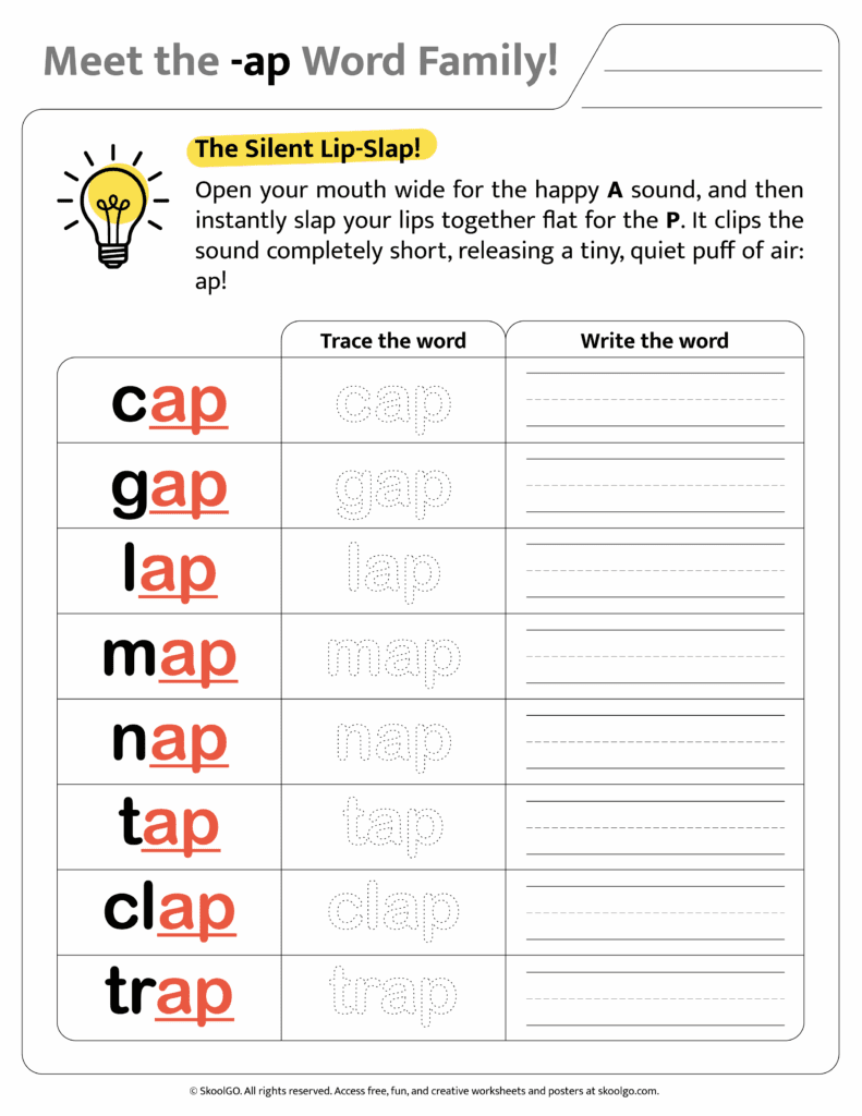 Color version of [ap] word family worksheet for engaging phonics learning