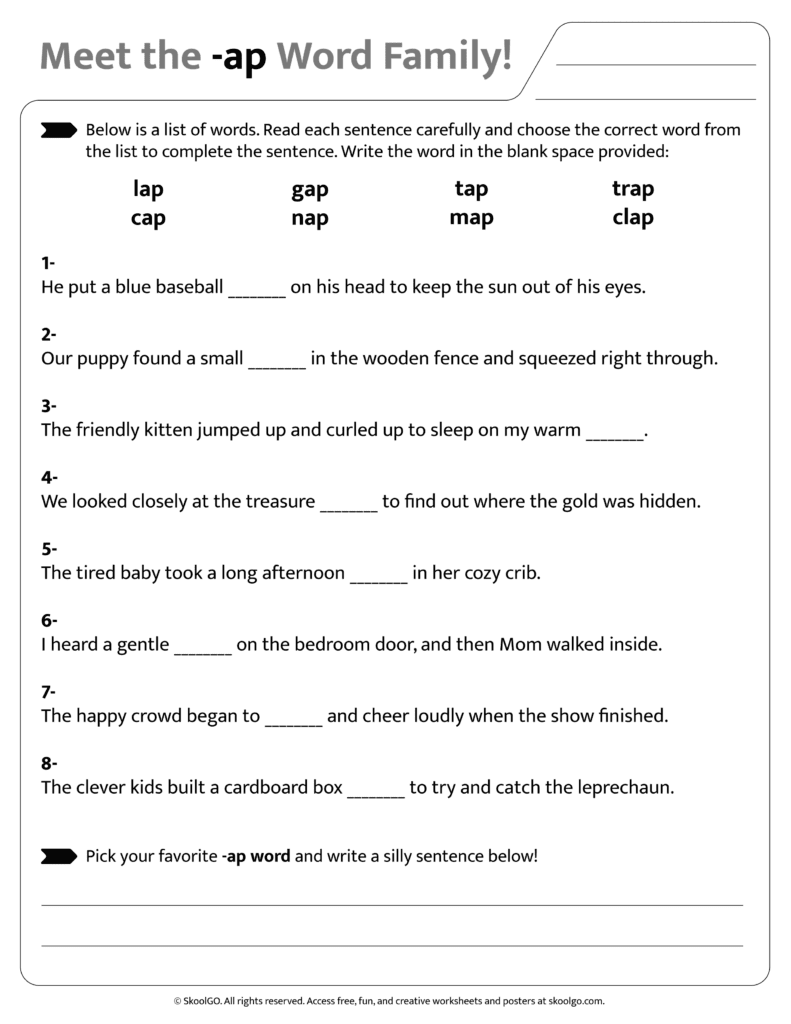 Sentence and word practice activities for [ap] word family worksheet