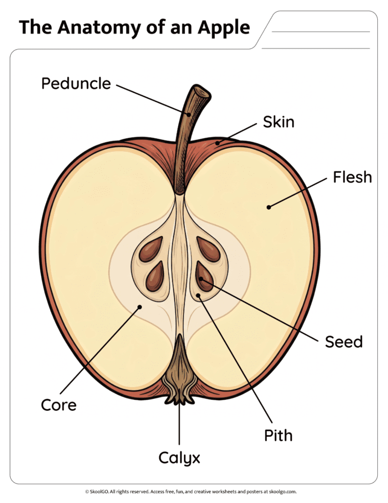 Apple Anatomy Diagram Color Reference Page Color apple anatomy diagram showing the peduncle skin flesh seed pith calyx and core