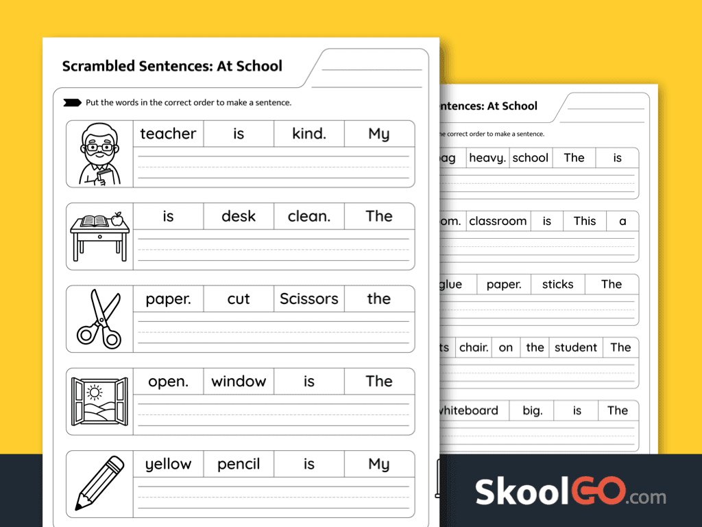 At school scrambled sentences worksheet for kindergarten and grade 1 grammar practice and sentence building
