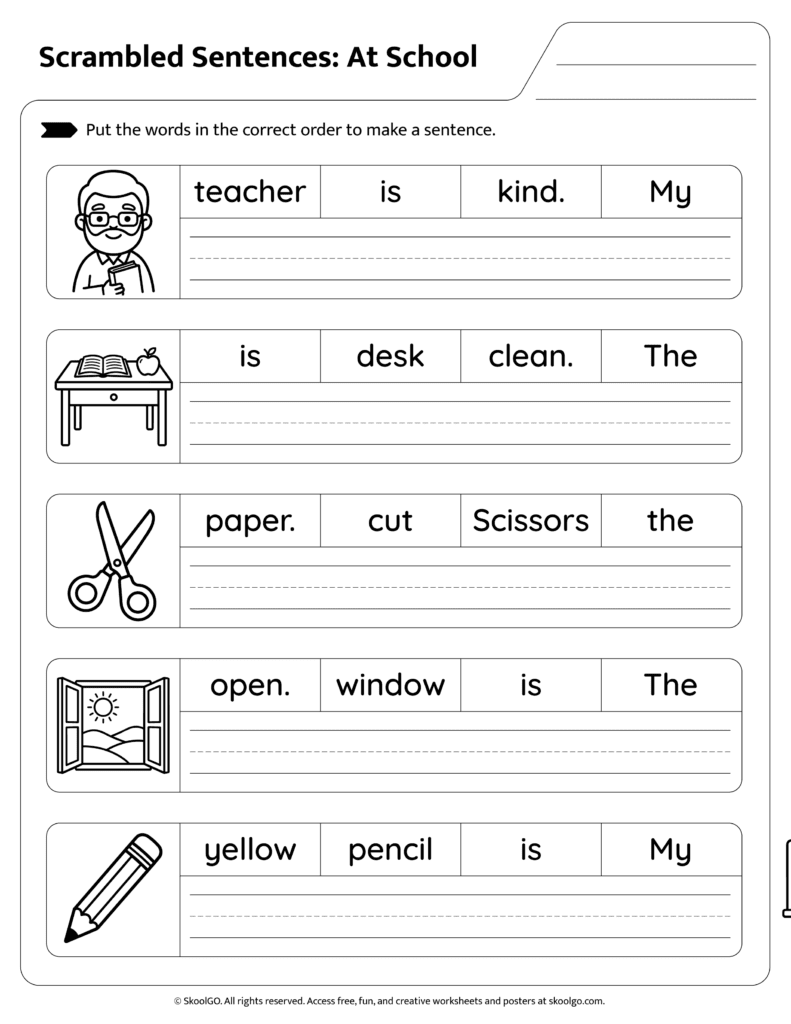 At School Sentence Scramble Worksheet Page 1 Students rearranging scrambled sentences about classroom objects and school activities page 1