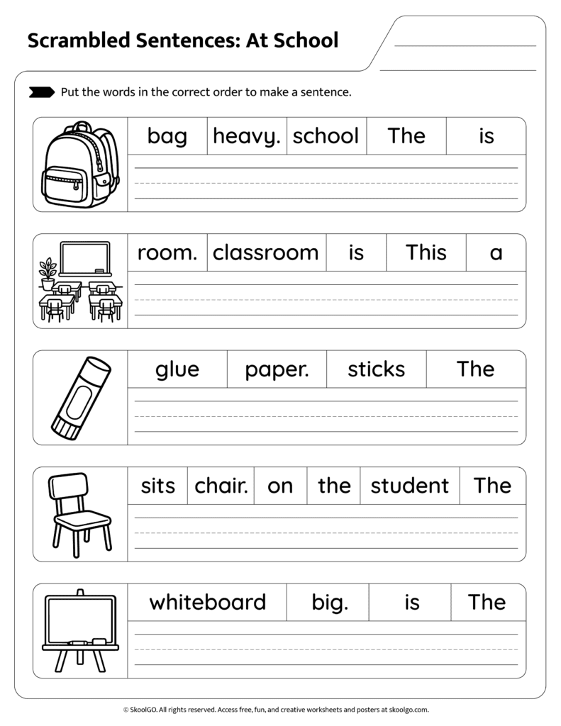 At School Sentence Scramble Worksheet Page 2 Students solving scrambled sentences about classroom behavior and school environment page 2