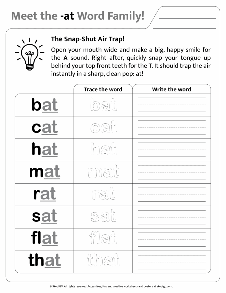 Black and white printable version of [at] phonics worksheet