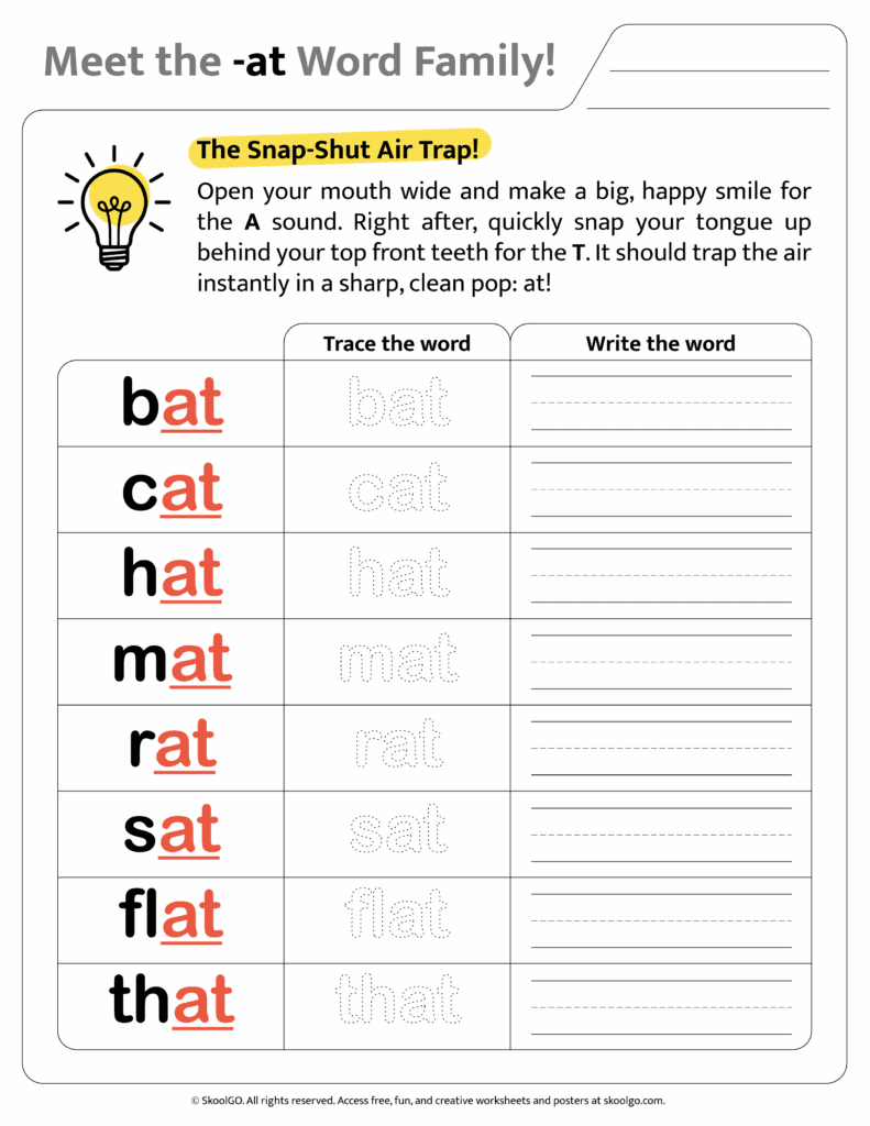 Color version of [at] word family worksheet for engaging phonics learning