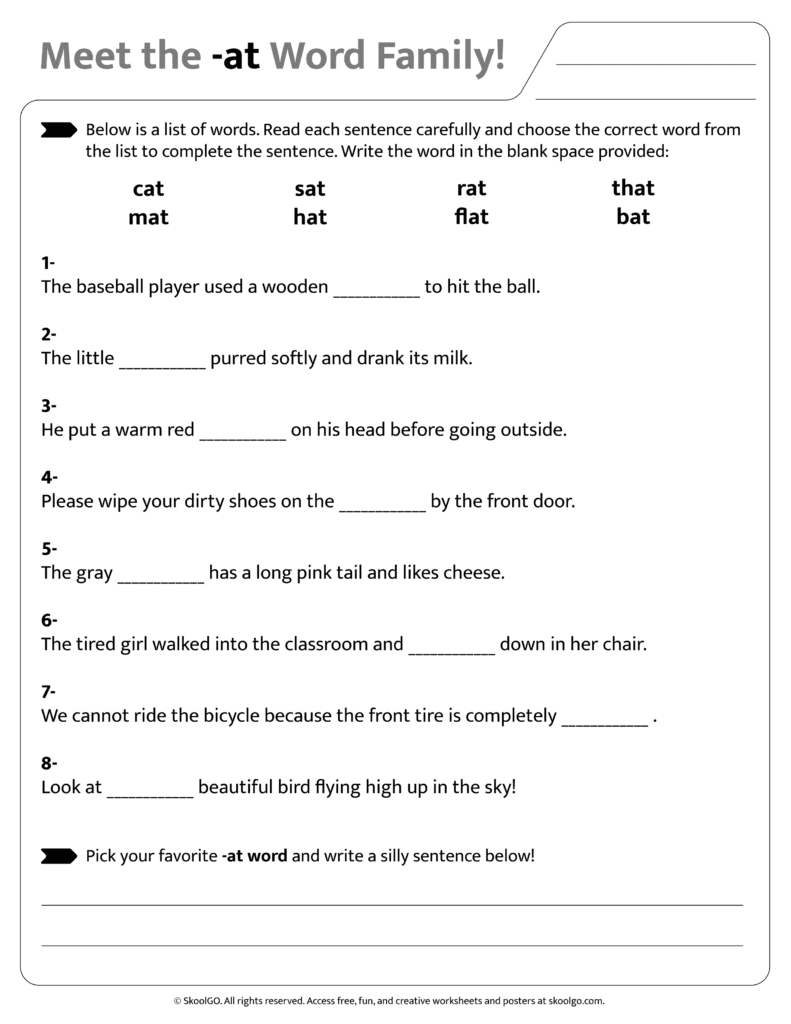 Sentence and word practice activities for [at] word family worksheet
