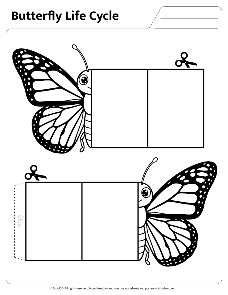 Butterfly Life Cycle Black and White Worksheet Black and white butterfly life cycle cut and fold worksheet for coloring and learning