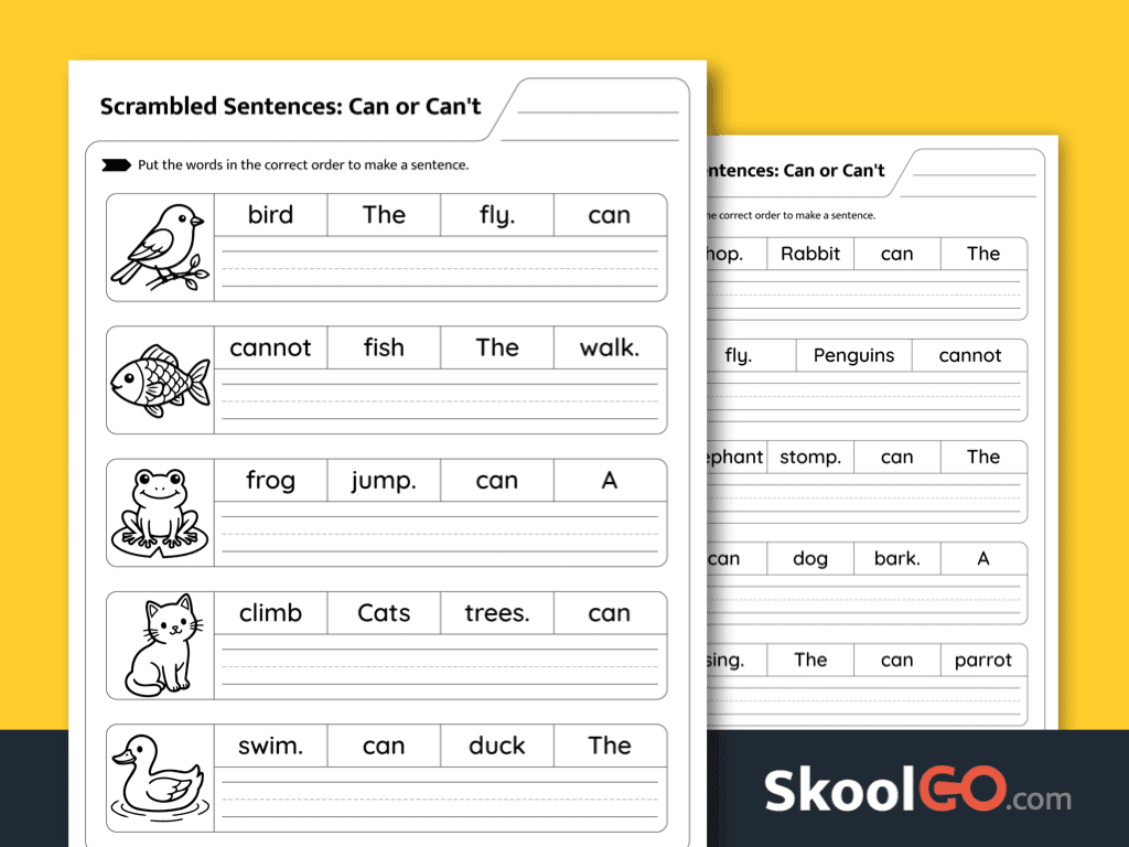 Can or can’t scrambled sentences worksheet for early grammar and modal verb practice