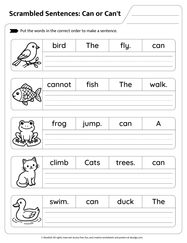 Can or Can’t Sentence Scramble Page 1 Can or can’t grammar worksheet page 1 with animal ability sentences