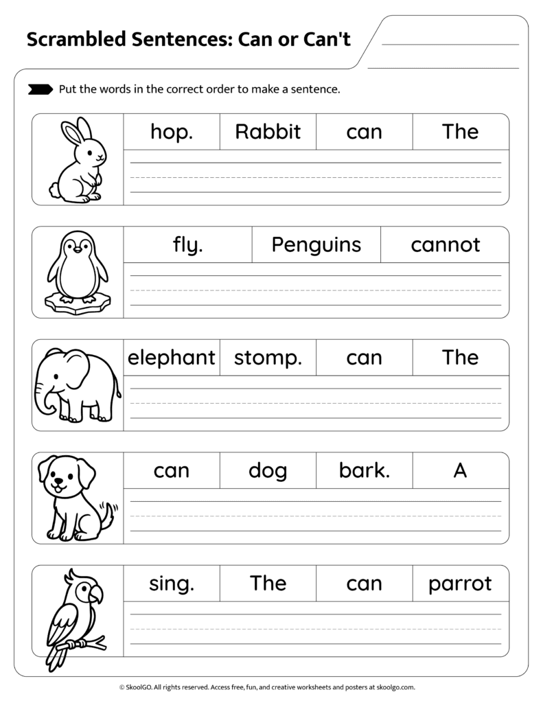 Can or Can’t Sentence Scramble Page 2 Animal themed can or can’t sentence scramble worksheet page 2