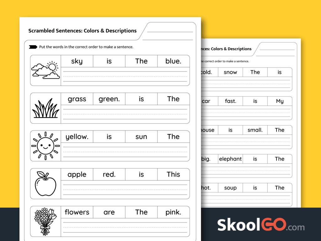 Colors and descriptions scrambled sentences worksheet for adjectives and grammar practice