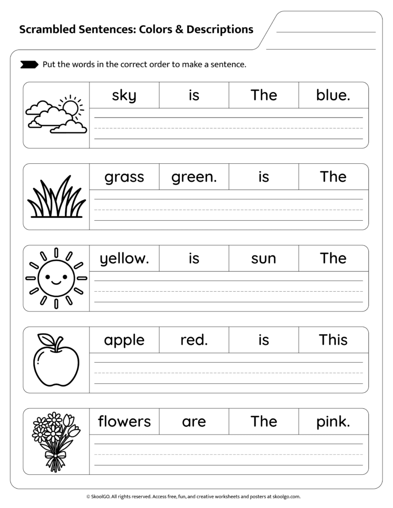 Color Sentence Scramble Worksheet Page 1 Students building sentences using colors and simple adjectives page 1