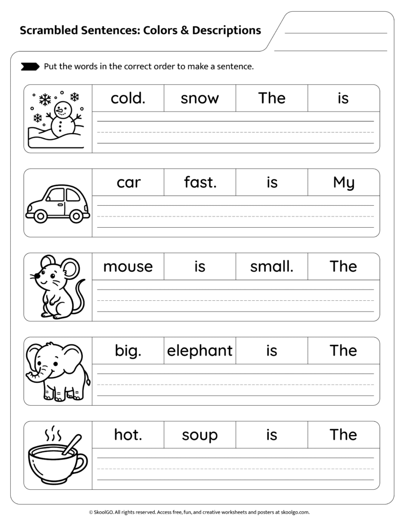 Color Descriptive Sentences Worksheet Page 2 Descriptive sentence scramble worksheet with weather and objects page 2