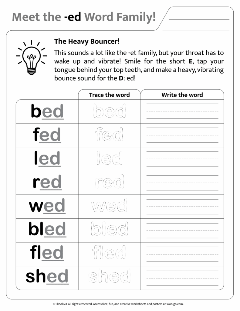 Black and white printable version of [ed] phonics worksheet