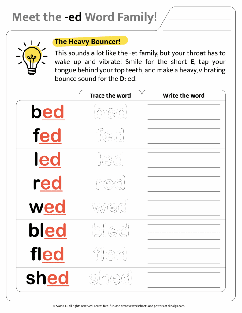 Color version of [ed] word family worksheet for engaging phonics learning