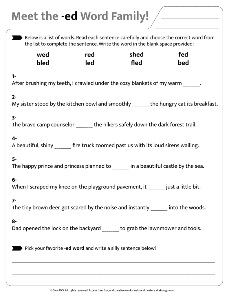 Sentence and word practice activities for [ed] word family worksheet