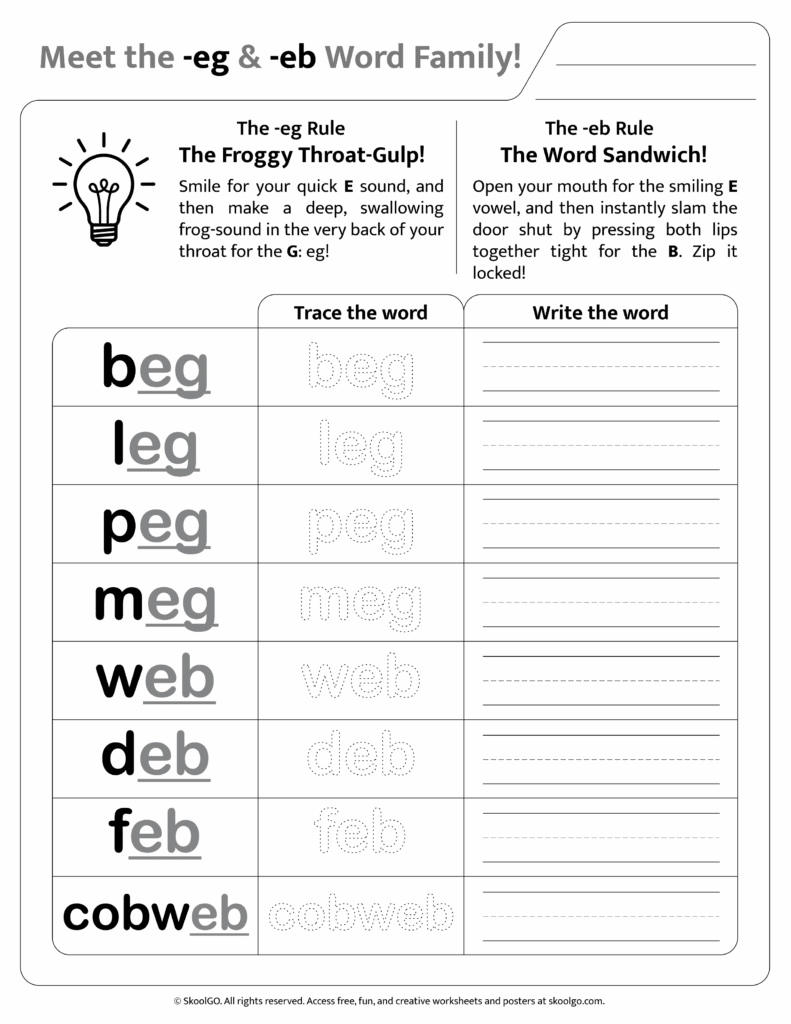 Black and white printable version of [eg & eb] phonics worksheet