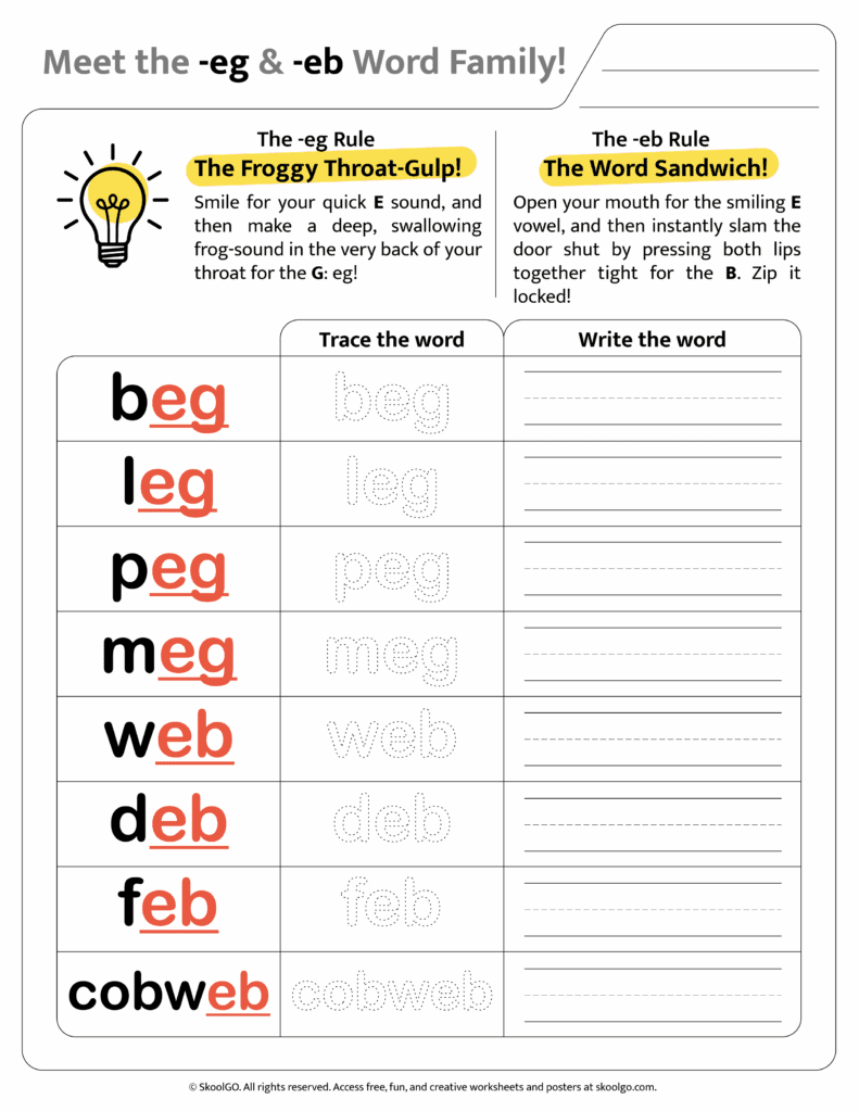 Color version of [eg & eb] word family worksheet for engaging phonics learning