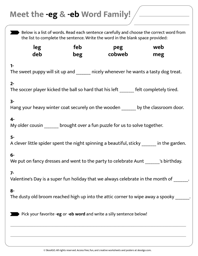 Sentence and word practice activities for [eg & eb] word family worksheet
