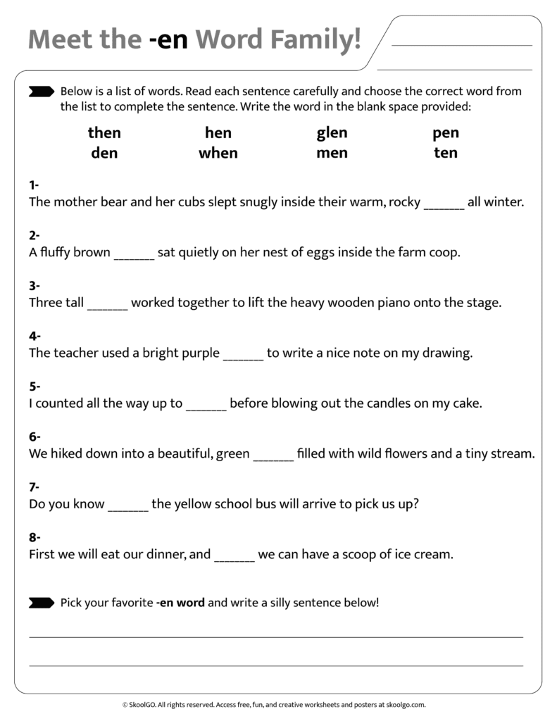 Sentence and word practice activities for [en] word family worksheet