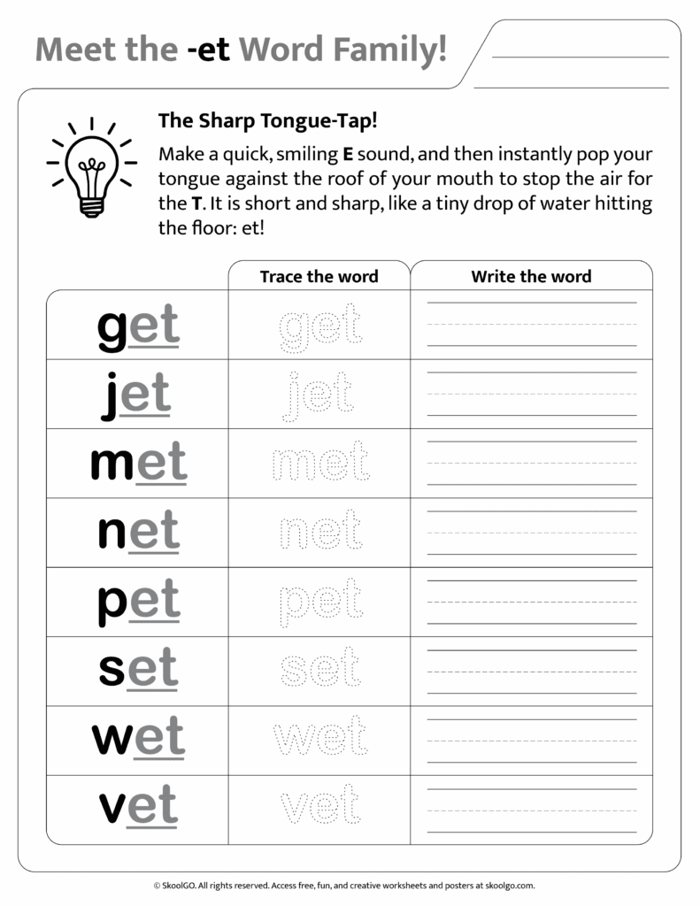 Black and white printable version of [et] phonics worksheet
