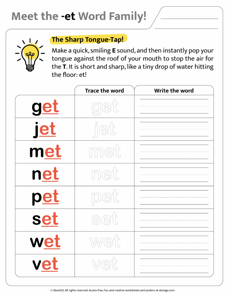 Color version of [et] word family worksheet for engaging phonics learning