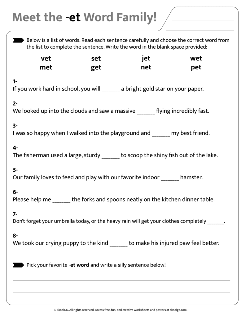 Sentence and word practice activities for [et] word family worksheet