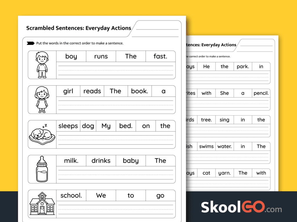 Everyday actions scrambled sentences worksheet for verbs and early grammar practice