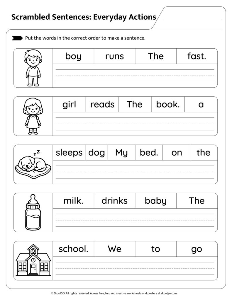 Everyday Action Sentence Scramble Page 1 Action verb sentence scramble worksheet for daily activities page 1