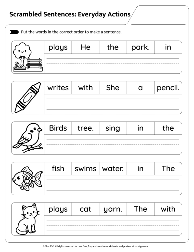 Everyday Action Sentence Scramble Page 2 Students forming sentences using action verbs page 2 worksheet