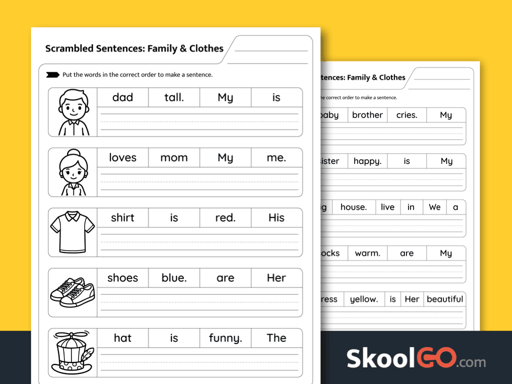 Family and clothes scrambled sentences worksheet for vocabulary and grammar practice