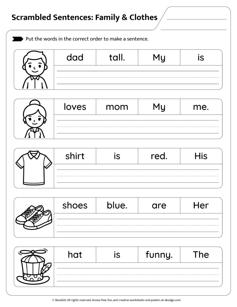 Students building sentences about family members and clothing page 1