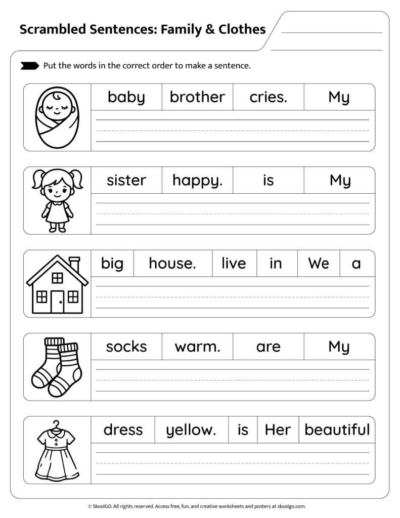 Sentence scramble worksheet about family and clothing vocabulary page 2