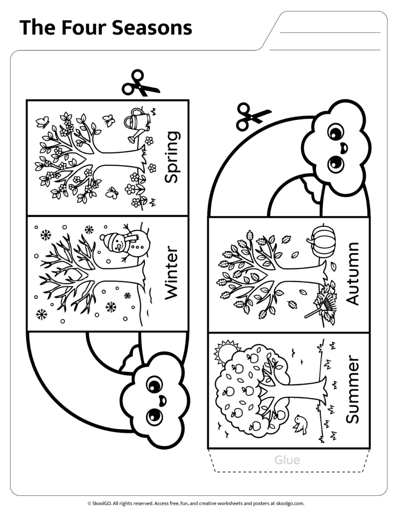 Printable black and white four seasons worksheet for coloring and learning