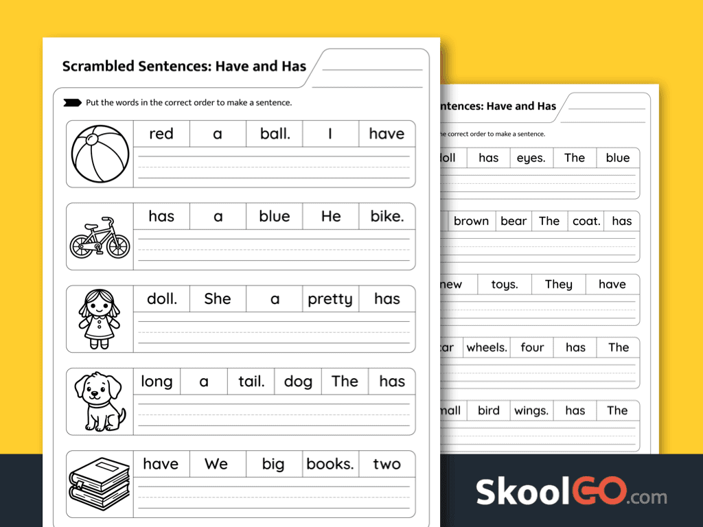 Have and has scrambled sentences worksheet for grammar and possession practice
