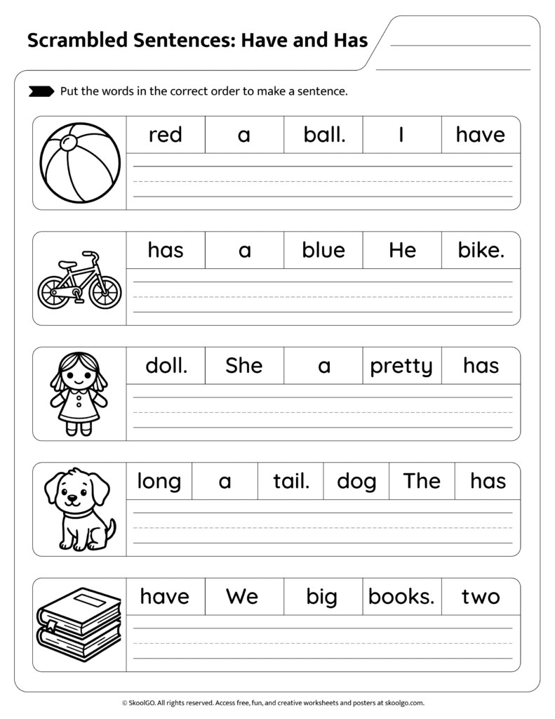 Students practicing have and has sentence structure page 1