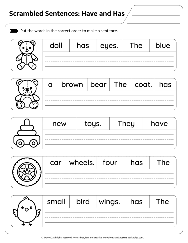 Possession sentence scramble worksheet for kids page 2