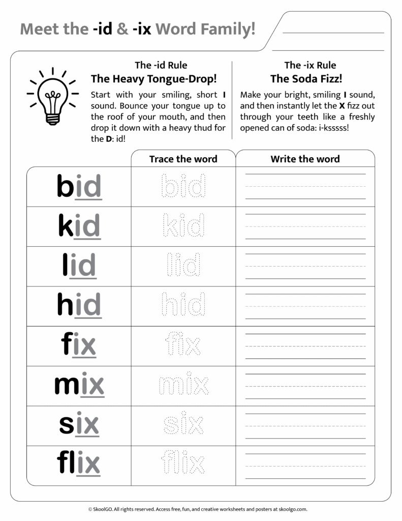 Black and white printable version of [id & ix] phonics worksheet