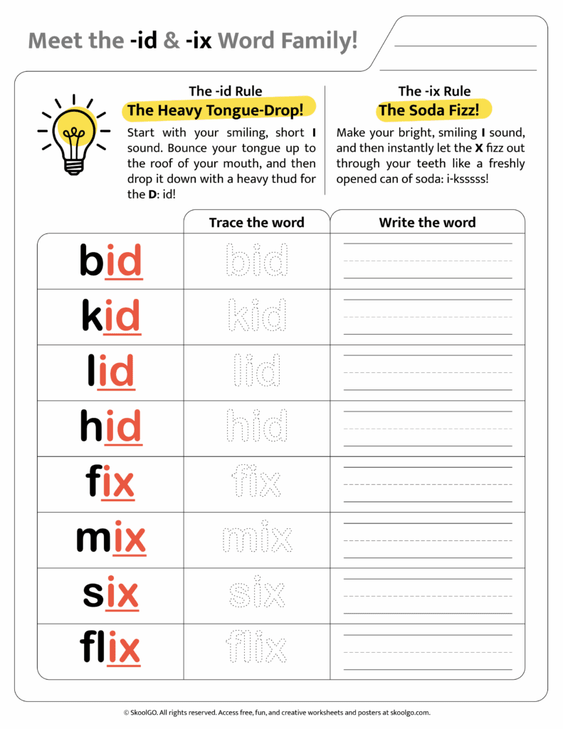 Color version of [id & ix] word family worksheet for engaging phonics learning