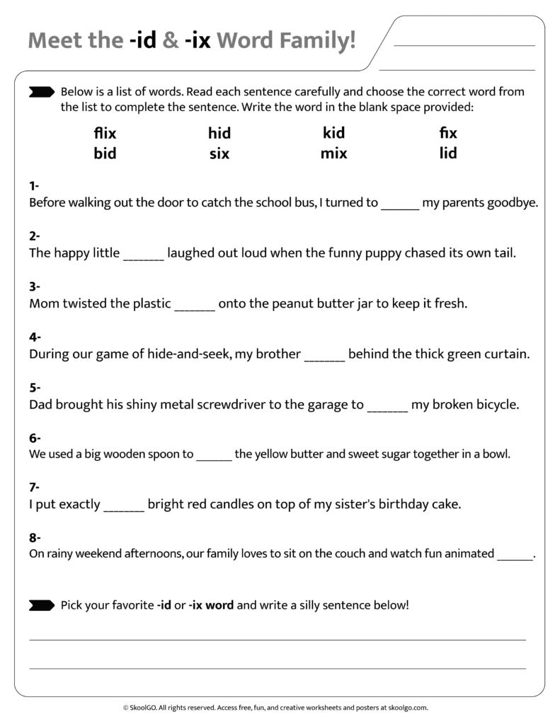 Sentence and word practice activities for [id & ix] word family worksheet
