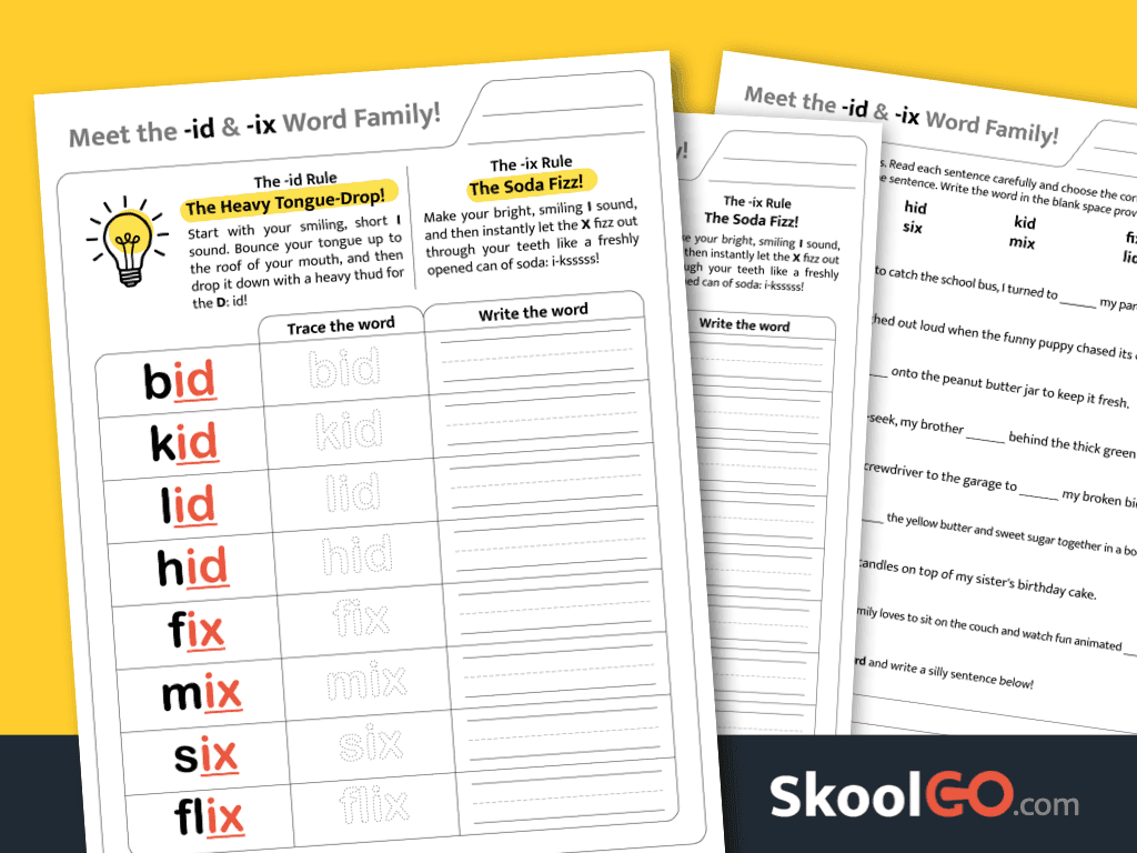 id & ix Word Family Worksheet – Fun phonics practice for early readers